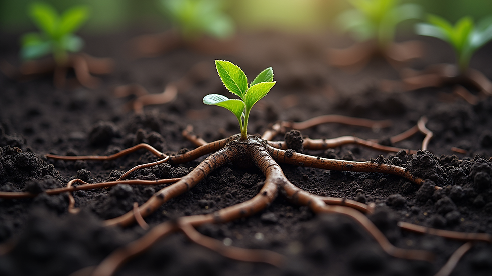 Close-up view of rich, dark soil with roots intertwined