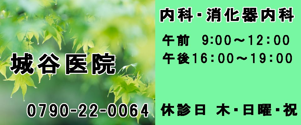 内科・消化器内科  城谷医院  午前 9:00〜12:00  午後 16:00〜19:00  0790-22-0064  休診日 木・日曜・祝