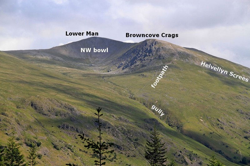 Looking to Lower Man and into the NW facing bowl. The NW 'nose' of Browncove Crags to the right.