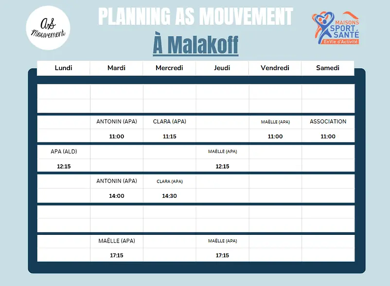 Horaires APA à Malakoff du lundi au samedi (durée 1 heure) : lundi séance APA ALD midi 15, mardi séance APA 11 heures, 14 heures et 17 heures 15, mercrredi APA à 11 heures 15 et 14 heures 30, jeudi à midi 15 et 17 heures 15, vendredi à 11 heures, Samedi horaire reservée aux associations à 11 heures