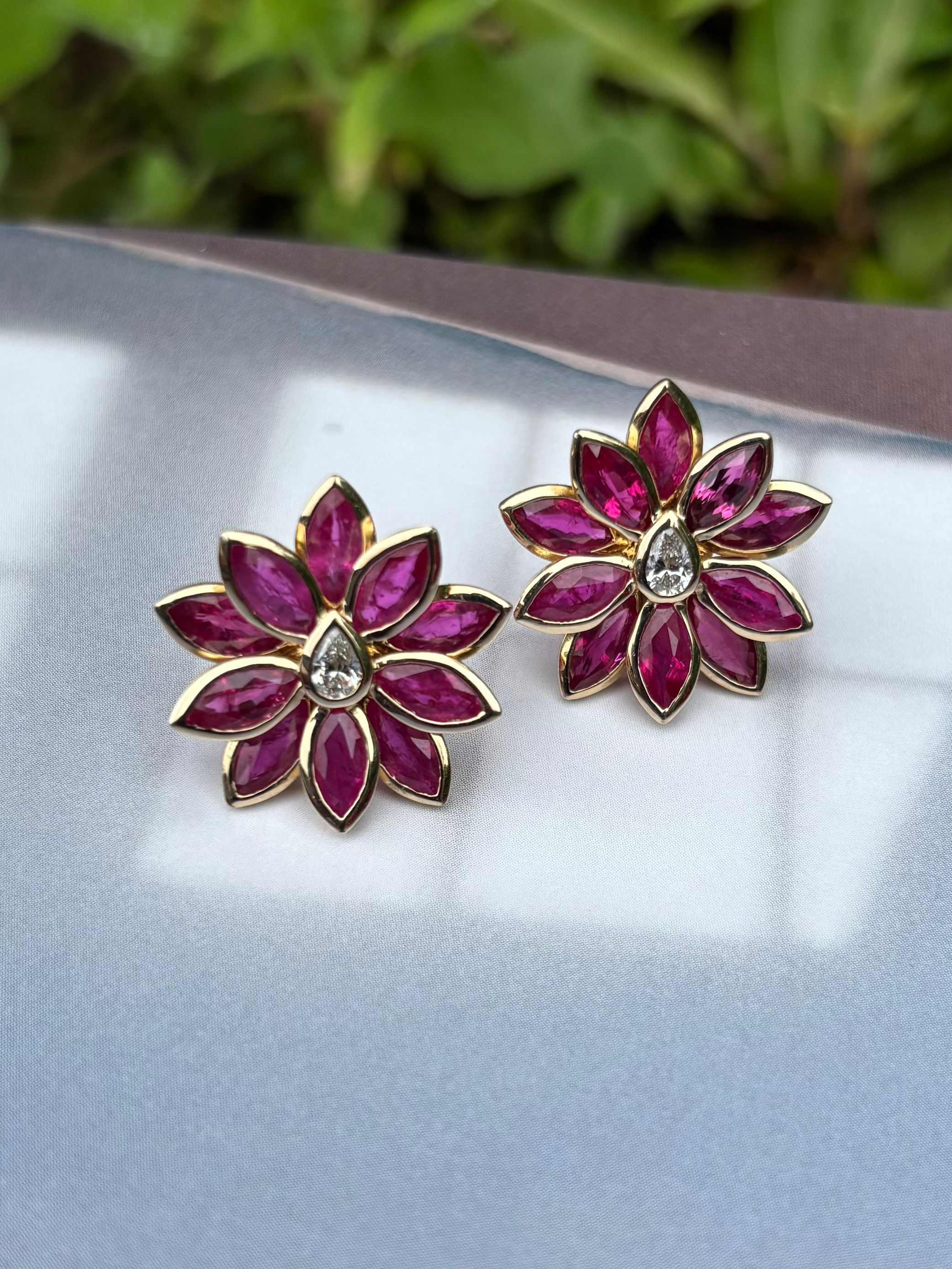 14k Yellow Gold Ruby and Diamond flower earrings 
