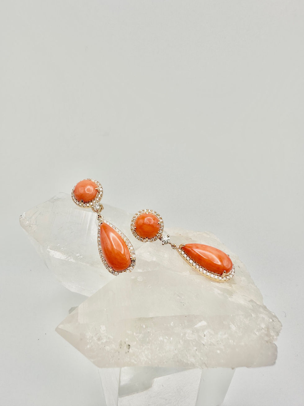 Thumbnail: 14k Yellow Gold Coral and Diamond Earrings 
