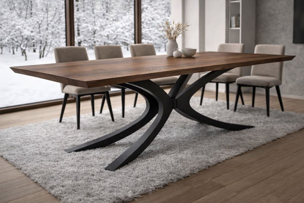 Table à manger sur-mesure en noyer massif et métal : l'essence noble qui structure la salle à manger