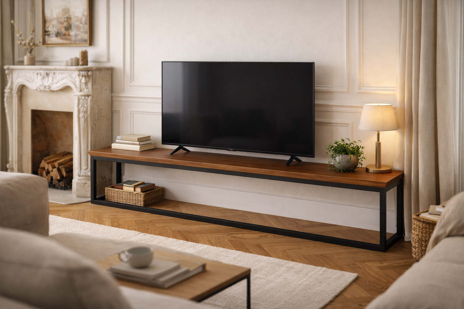 Meuble TV suspendu mural sur-mesure en métal et bois : formats, fixations et finitions — fabrication artisanale France