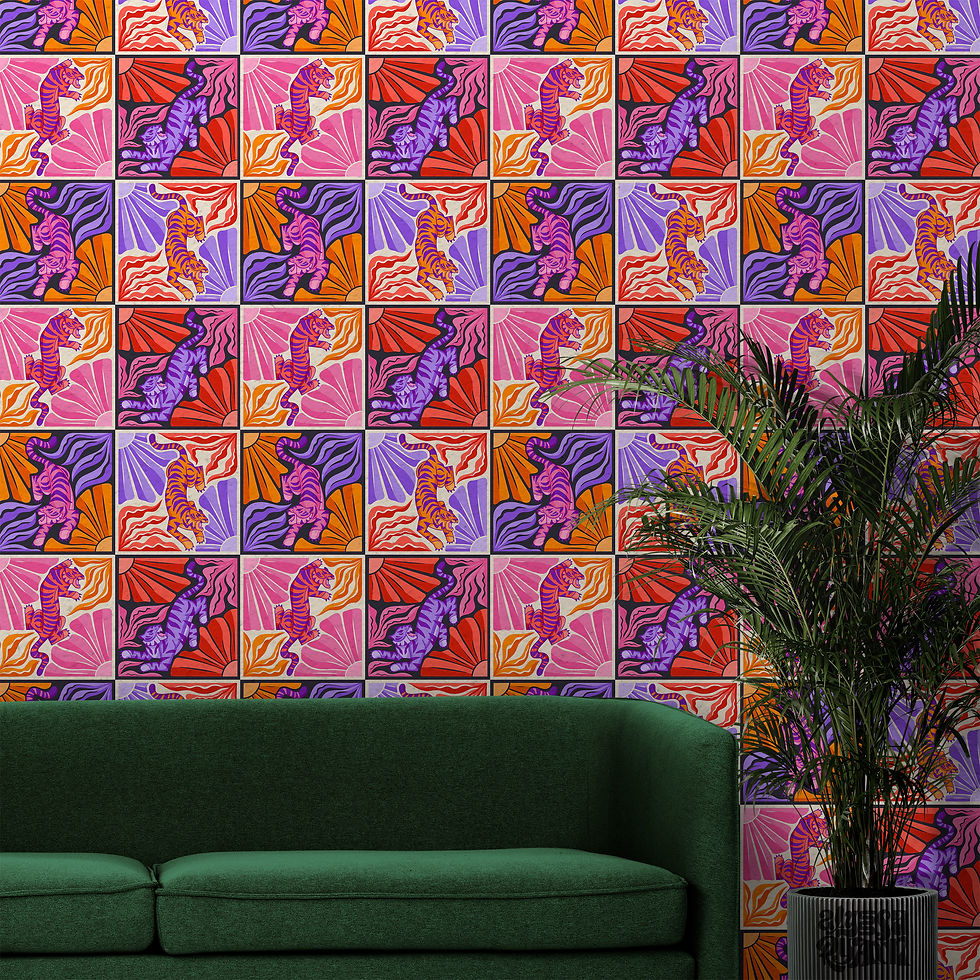 A mockup of the tiger tile patten perfect for wall decor or can be used alone as a graphic. brightly colored and designed with artistic expression. Illustration services.