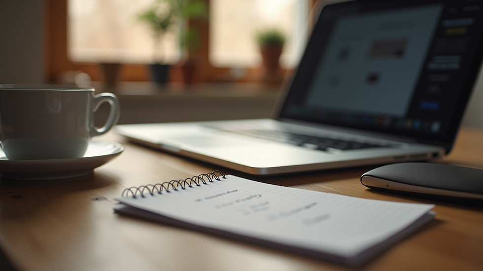 Eye-level view of a cozy workspace with a laptop and feedback notes