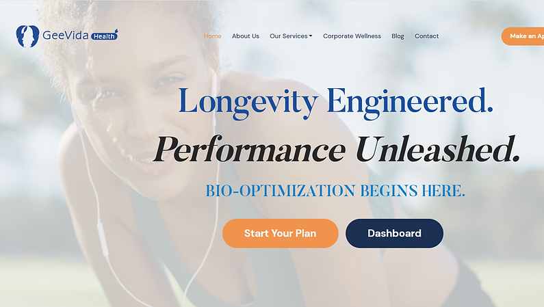 GeeVida Health homepage introducing longevity and performance care