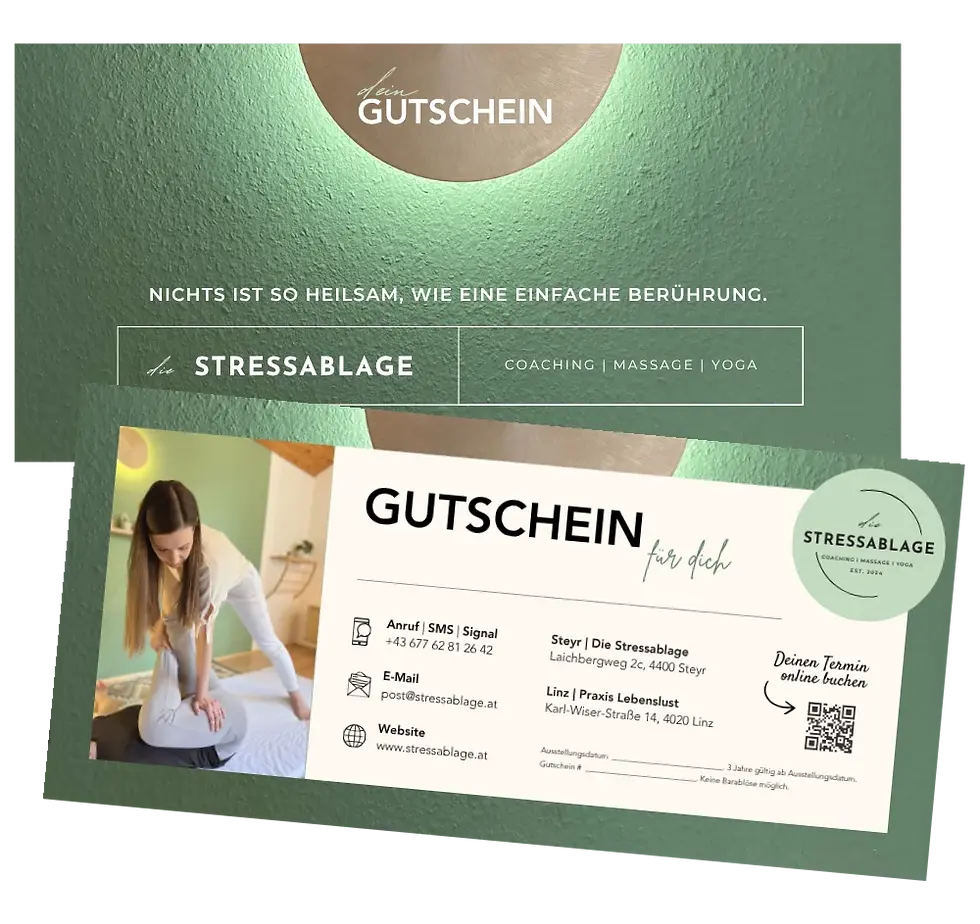 Bild eines Gutscheins der Stressablage: Ein Moment der Ruhe zum Verschenken. â Das Design spiegelt die Philosophie der Stressablage wider: klar, ruhig & achtsam, in natĂŒrlichen GrĂŒntönen und mit feinen Details. Gedruckt auf PEFC-zertifiziertem Papier, umweltfreundlich produziert wird und aus umweltfreundlicher Forstwirtschaft stammt, wird jeder Gutschein zu einer liebevollen Einladung, Kopf & Körper in Balance zu bringen und neue Leichtigkeit & Kraft zu finden. Perfekt, um dir oder anderen etwas wirklich Wertvolles zu schenken: Zeit fĂŒr sich.