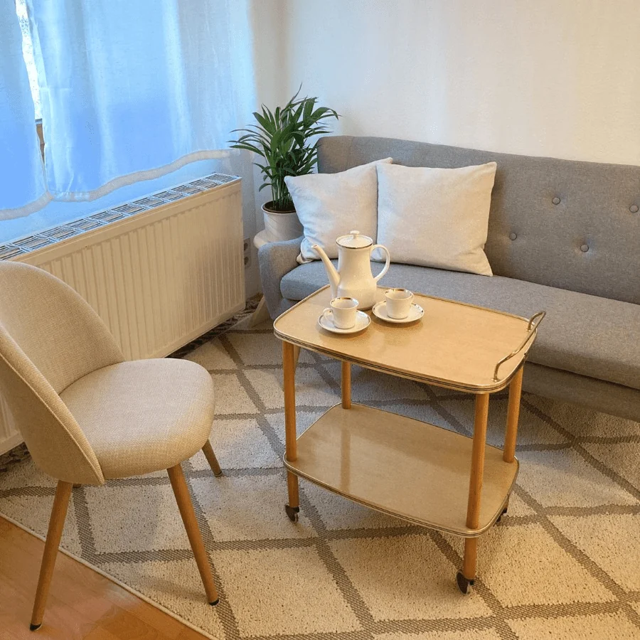 Der Coaching Bereich in der Stressablage in Steyr mit bequemem Sofa, grünen Pflanzen und Tee auf einem Tisch für eine stressfreie Wohlfühl-Atmosphäre und Wohlbefinden
