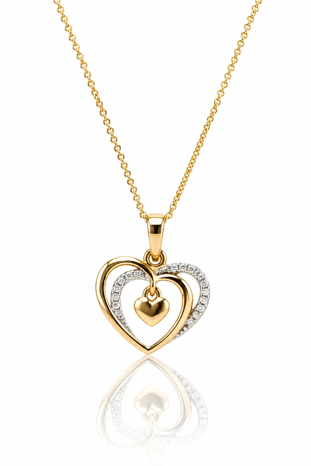 18K Yellow Gold Double Heart Pendant Necklace with Diamond Accents – Elegant Fin