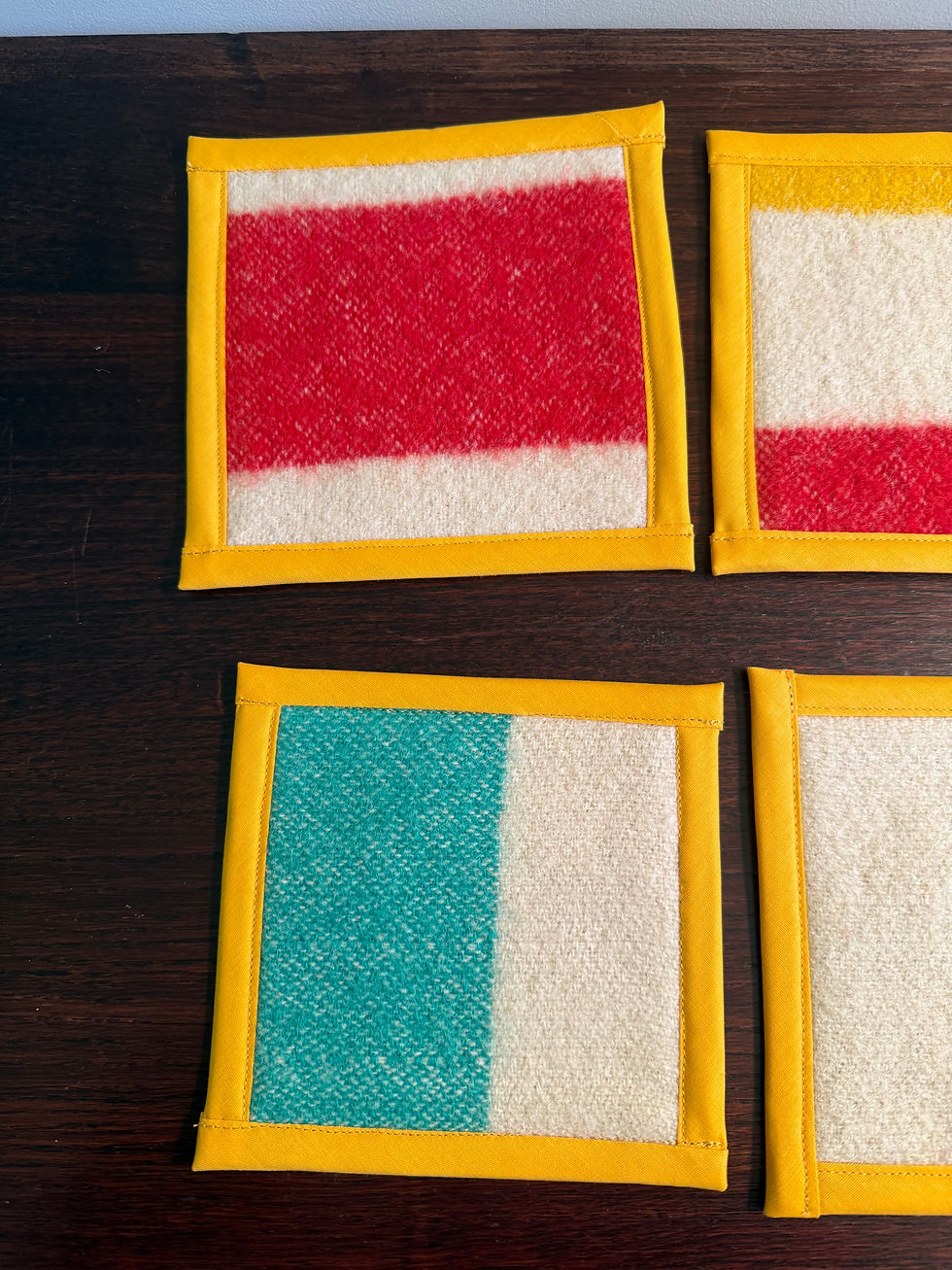 Thumbnail: Vintage Handmade Wool + Vegan Leather Coasters - Yellow