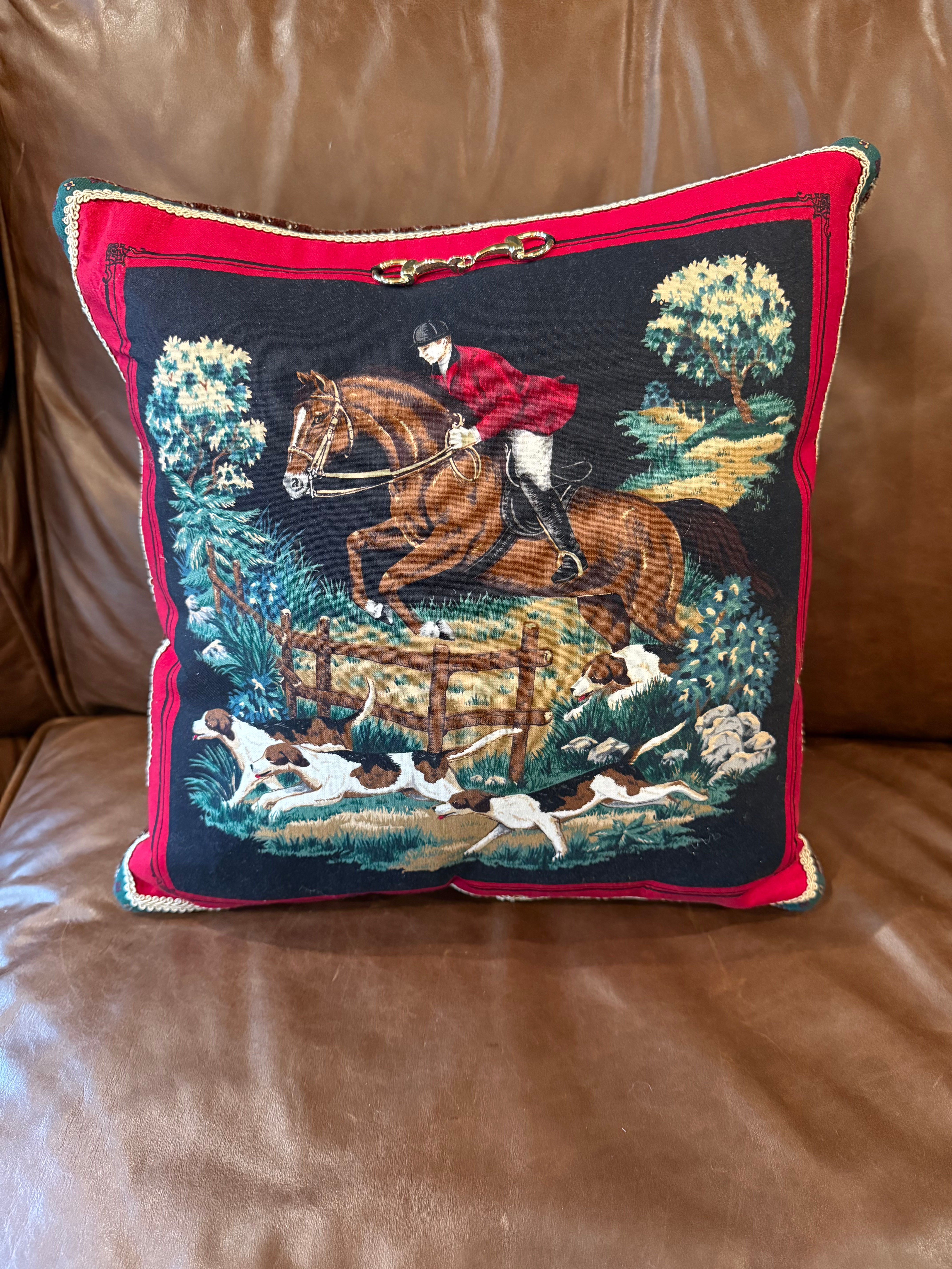 Vintage Fox Hunting Scene Accent Pillow - Jumping