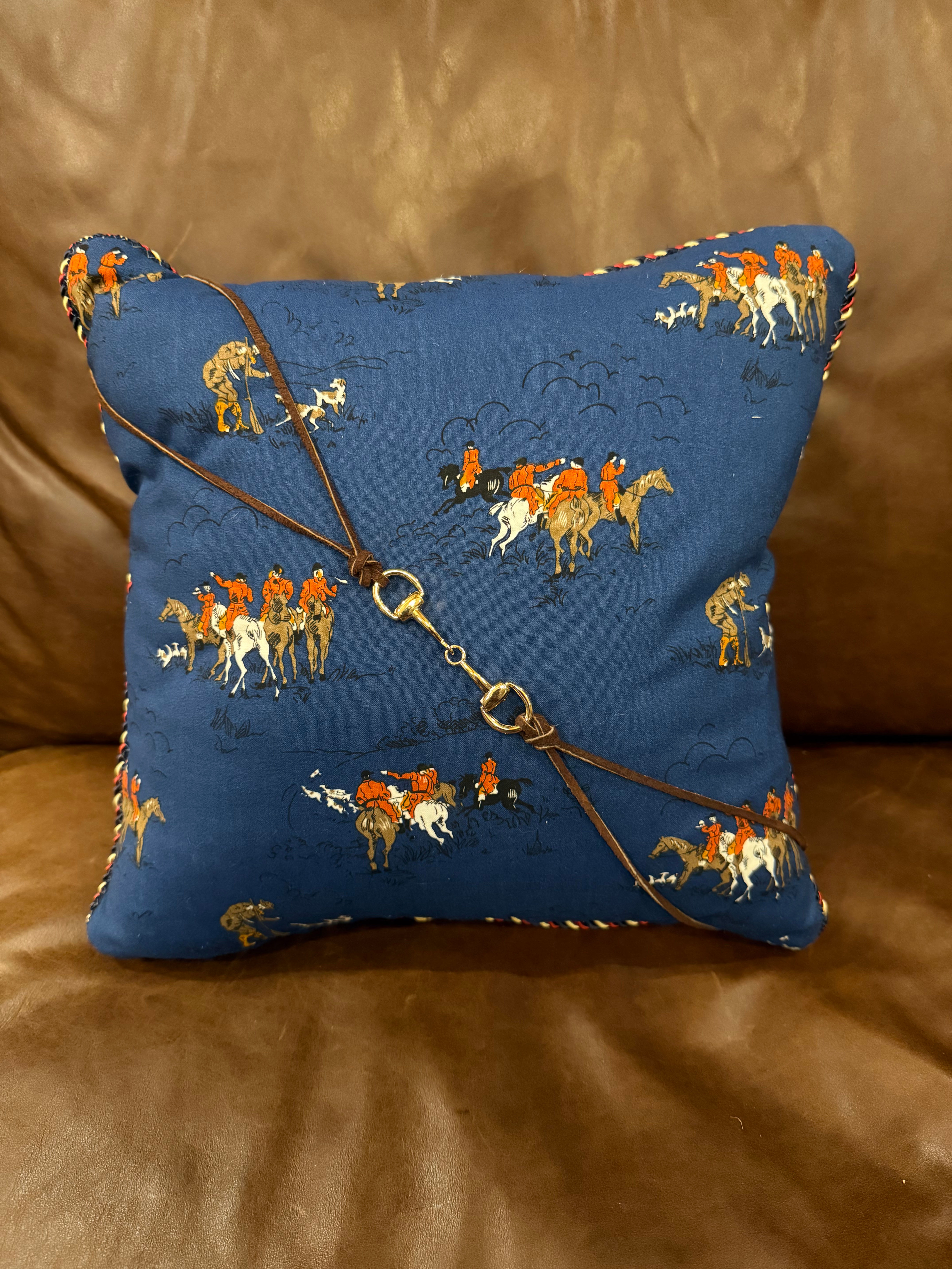 Vintage Fox Hunting Scene Accent Pillow w/Bit & Leather