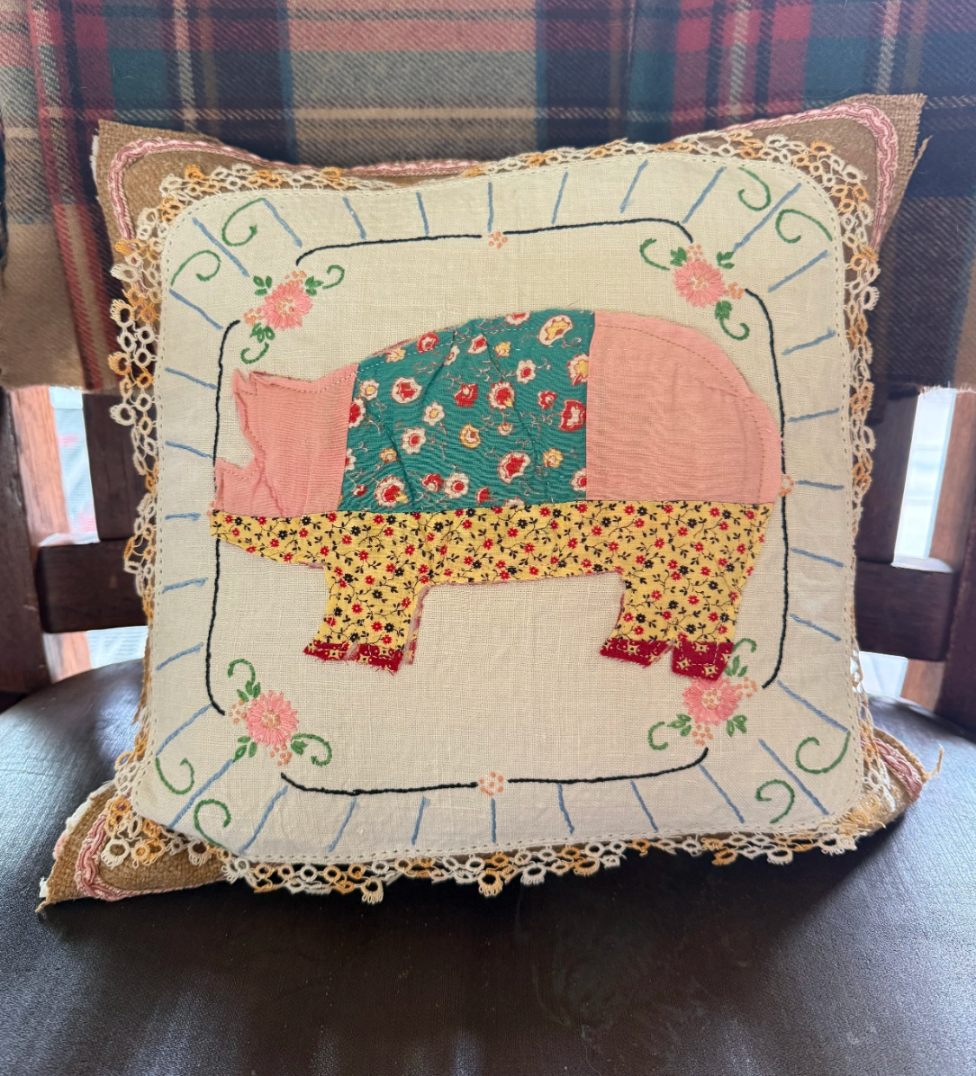 Vintage Pig Quilt Accent Pillow