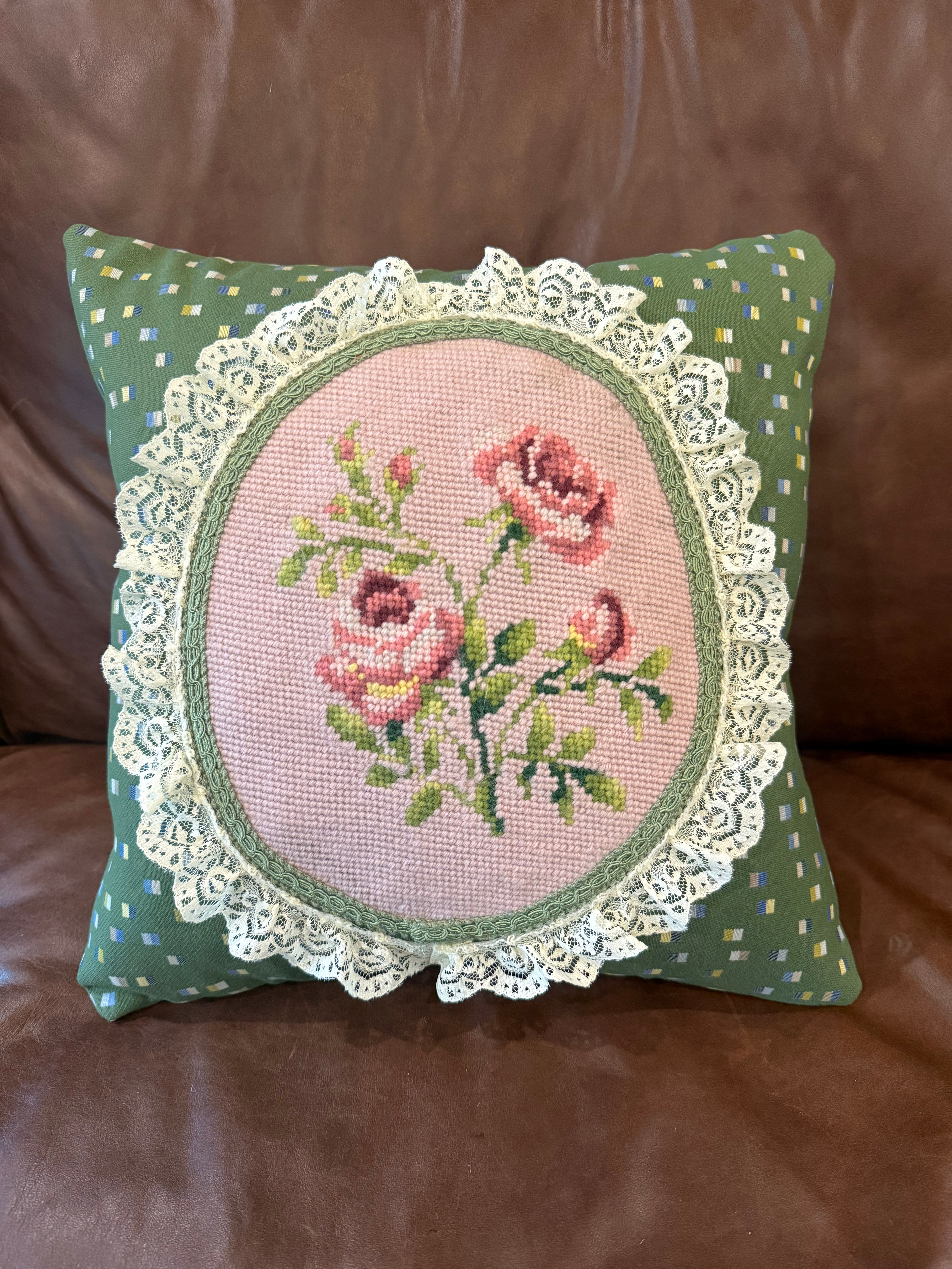 Vintage Handmade Rose Needlepoint Accent Pillow