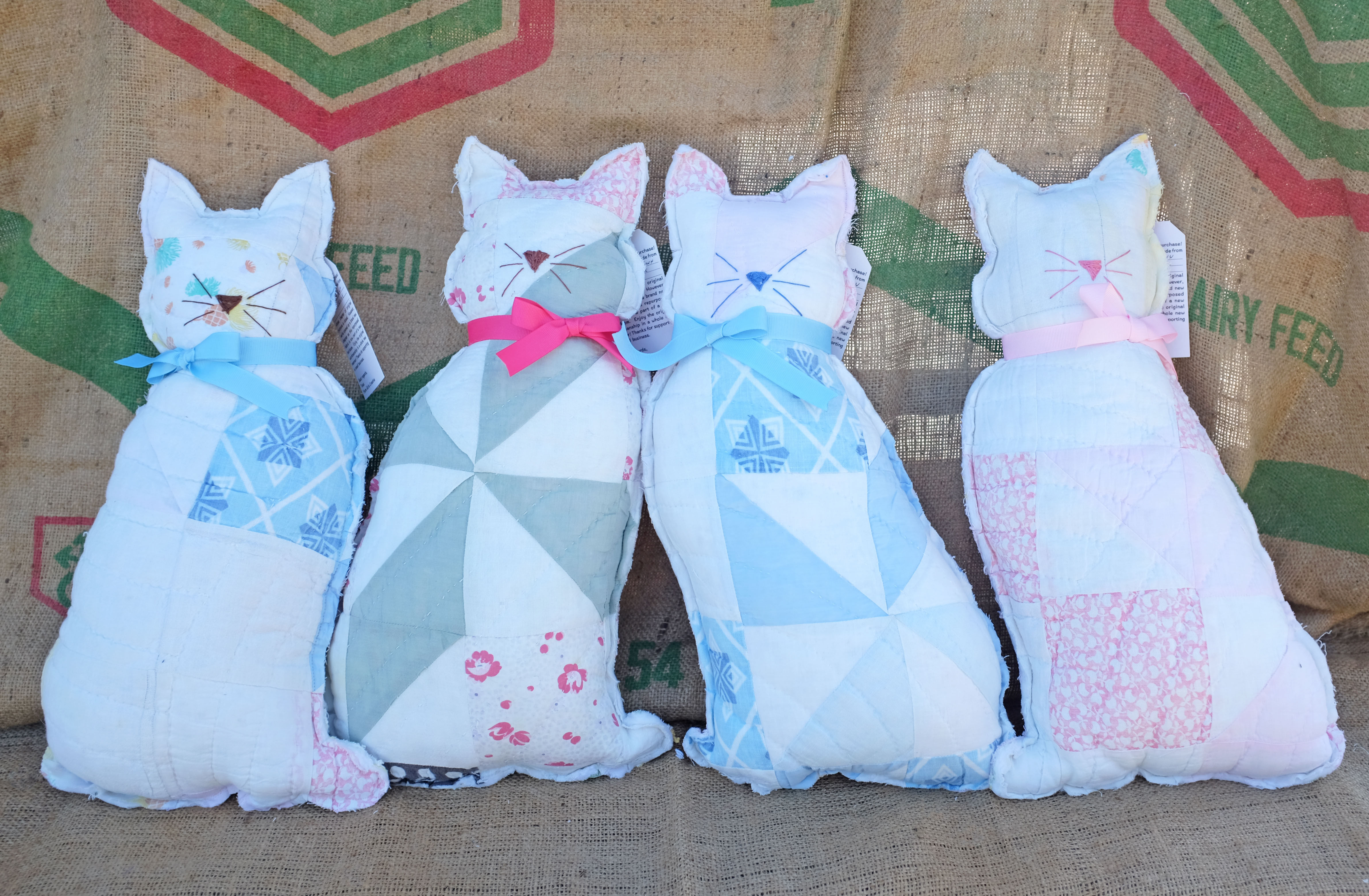 Vintage Pastel Quilt Cat Accent Pillow