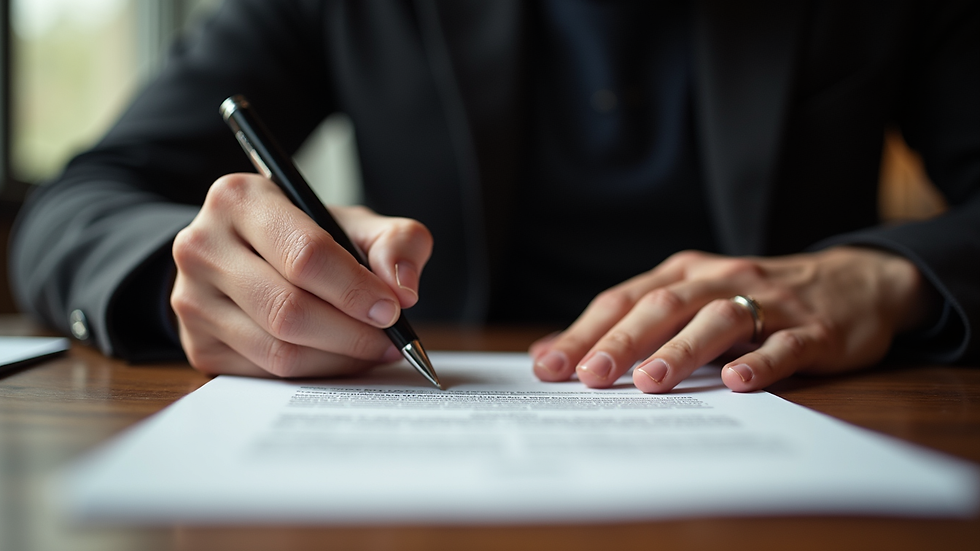 Close-up view of a musician signing a contract at a desk