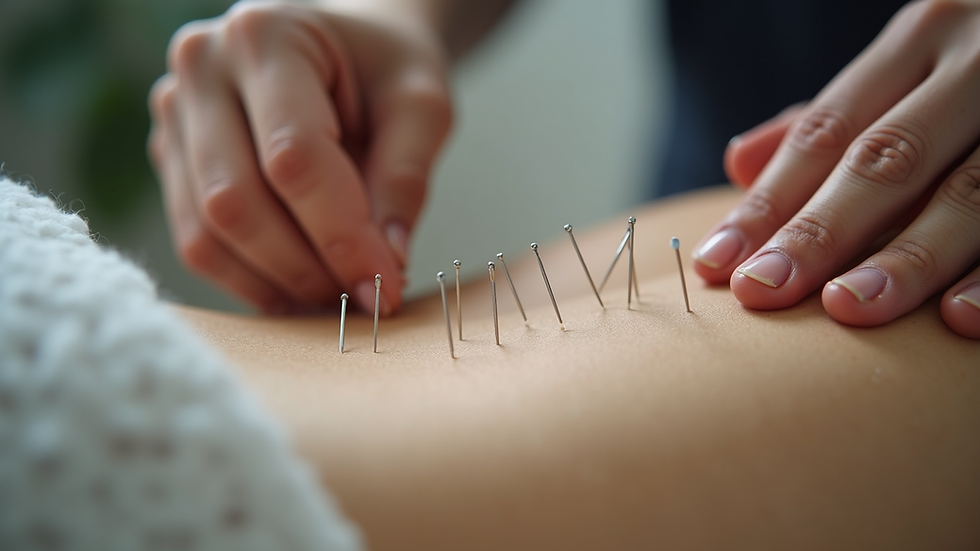Close-up view of acupuncture needles inserted on a patient's back