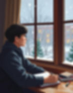 A person in glasses writes in a notebook at a wooden table. Snow falls outside the window, revealing a snowy landscape with trees. Suggests distance, reflection, and warmth.