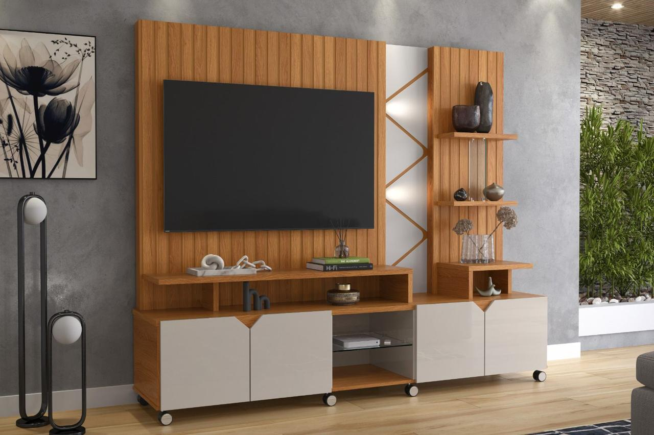 Home Teather Estante Cross TV 75' Led Ripado 2.10 Jequitiba/Off White Perolizado