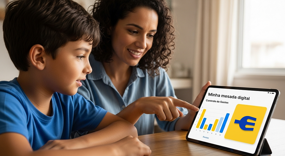 Mãe ensinando educação financeira para o filho em casa, usando um tablet que exibe o aplicativo de cantina digital Ezeats com o saldo da 'Minha Mesada Digital'.