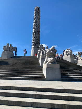 Stone statues and obelisk at Vigeland Sculpture Park Oslo