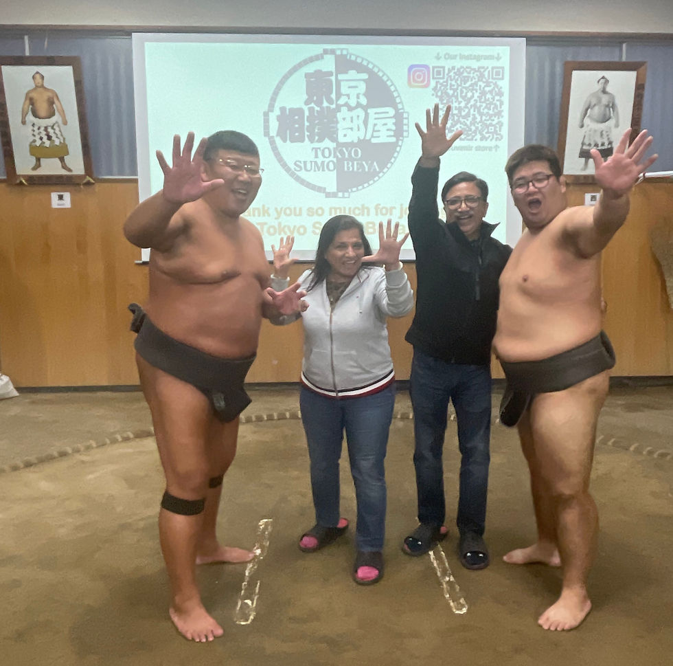 Posing with the sumo wrestlers at the end of the show at Tokyo Sumo Beya
