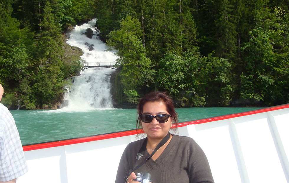 View of the stunning Giessbach Falls from the ferry on Lake Brienz