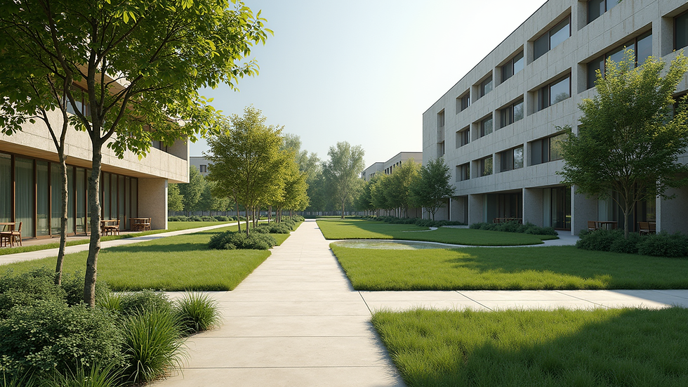 Wide angle view of a modern urban park with sustainable architecture