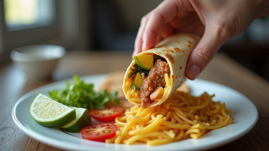 High-angle view of a delicious homemade breakfast burrito being plated