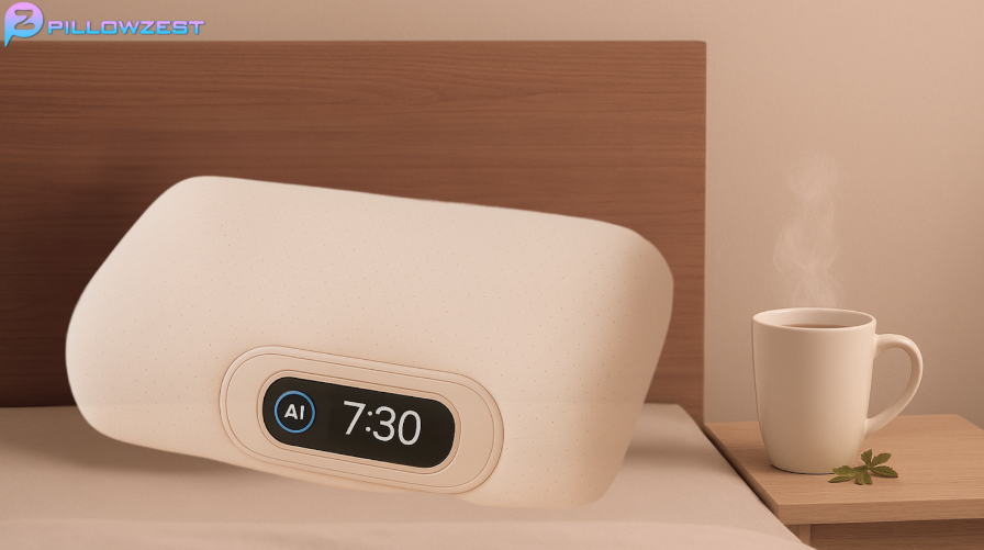 Một chiếc gối PillowZest 2025 với chiếc cốc nước ấm.