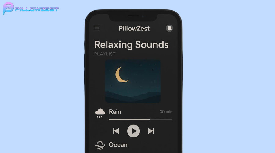 Giao diện ứng dụng di động của PillowZest 2025 về tính năng phát âm thanh tùy chỉnh hóa.