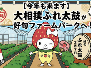 好旬ファームパークのいちごハウスを背景に、ウインクするいちごのキャラクターが団扇を持ち、「大相撲ふれ太鼓が好旬ファームパークへ! 3月7日」と書かれた和太鼓を紹介するブログ用アイキャッチ画像。カレンダーは2025年3月を示している。