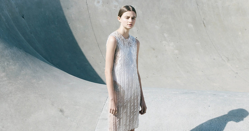 Fashion model in skate park pit wearing neodia gavin lowes couture sheer beaded dres