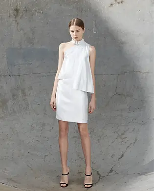 Fashion model in skate park pit wearing neodia gavin lowes silver metallic layer dress