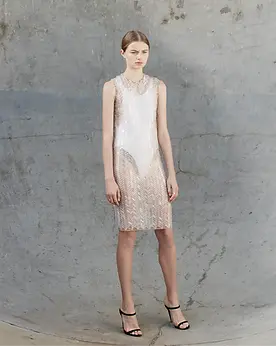 Fashion model in skate park pit wearing neodia gavin lowes couture sheer beaded dres