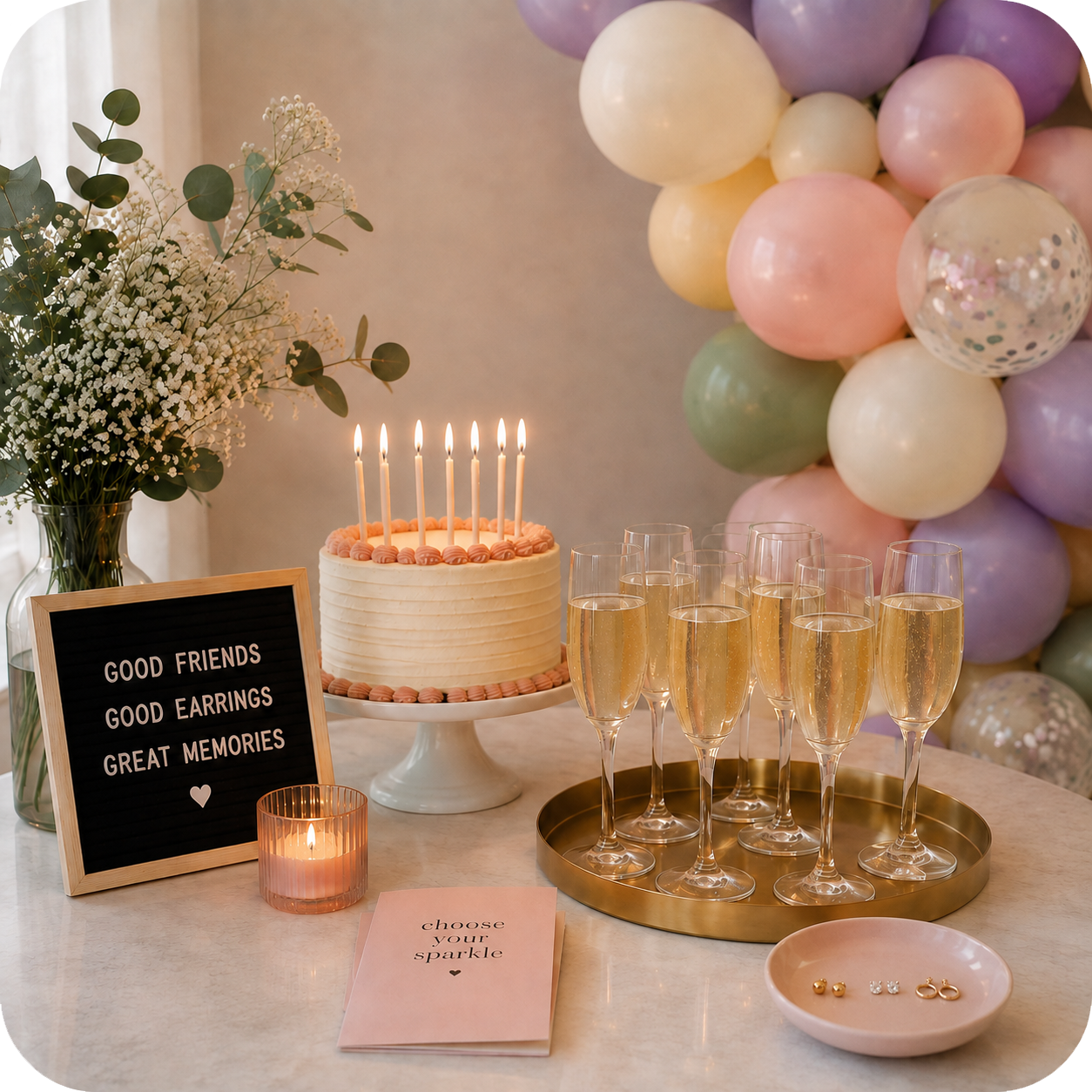 Piercing party set up for a celebration. Pastel balloons, filled champagne flutes, birthday cake with candles. 