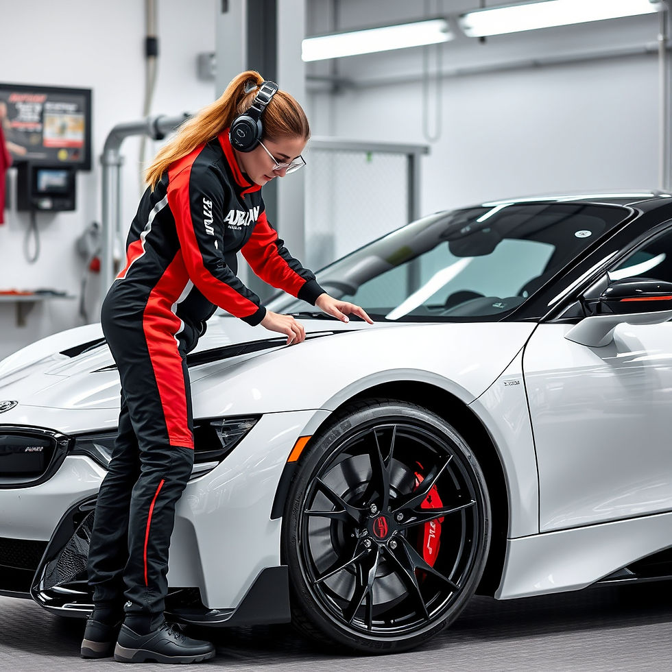 A sportscar having paint protection film being installed by a female wearing an adrenalin