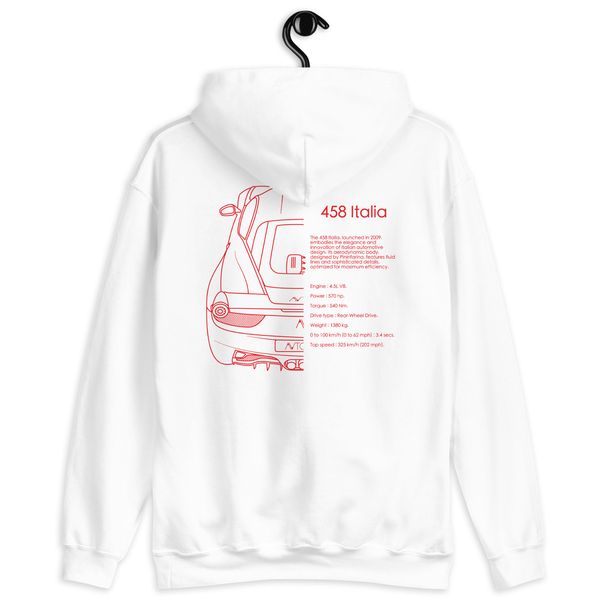 sweat capuche ferrari 458 italia rouge et blanc vue de dos