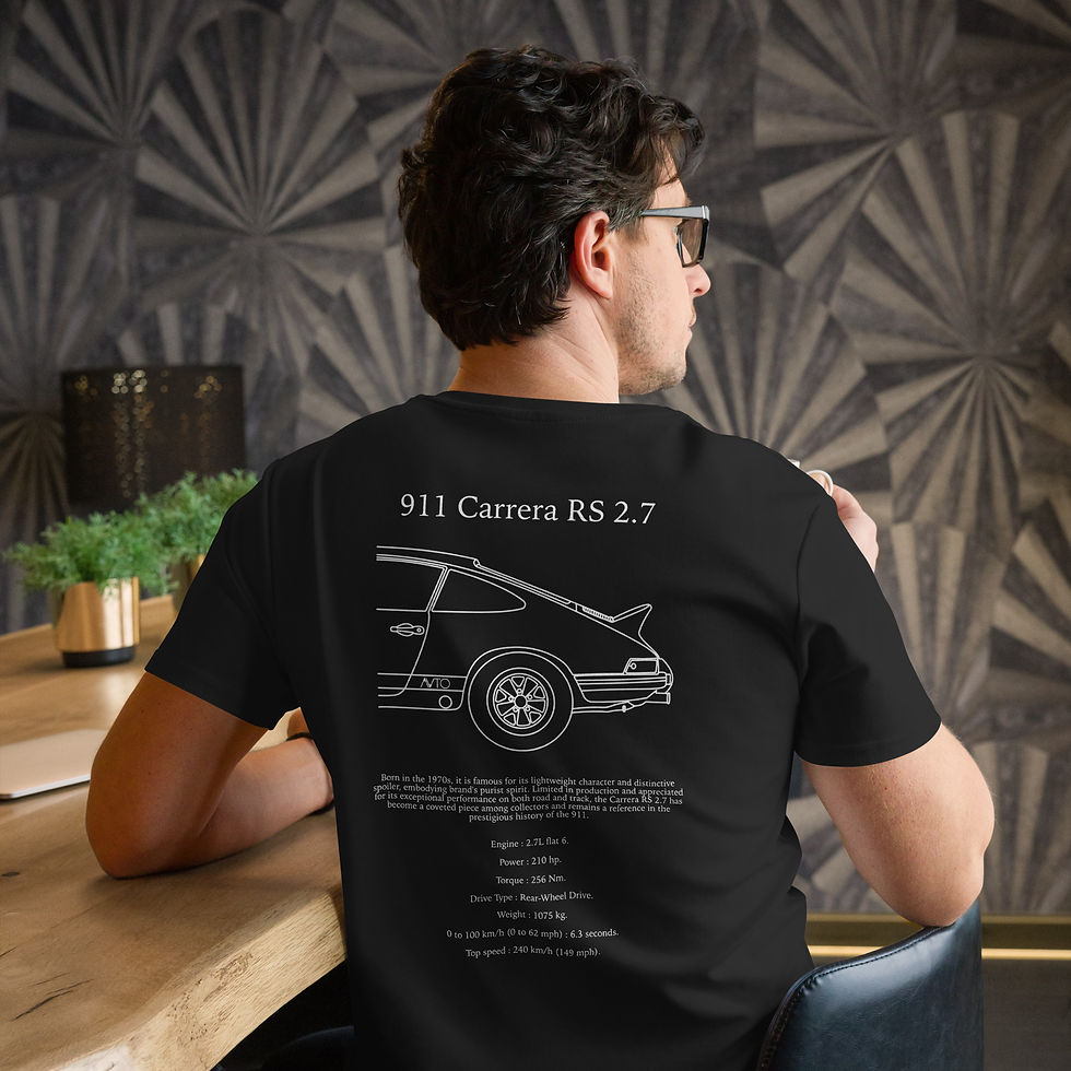 Miniature : Tshirt porsche 911 carrera rs blanc et noir vue de dos porté