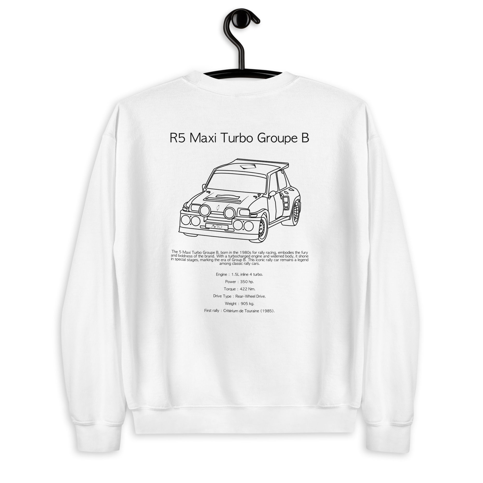 Sweatshirt renault 5 turbo noir et blanc vue de dos