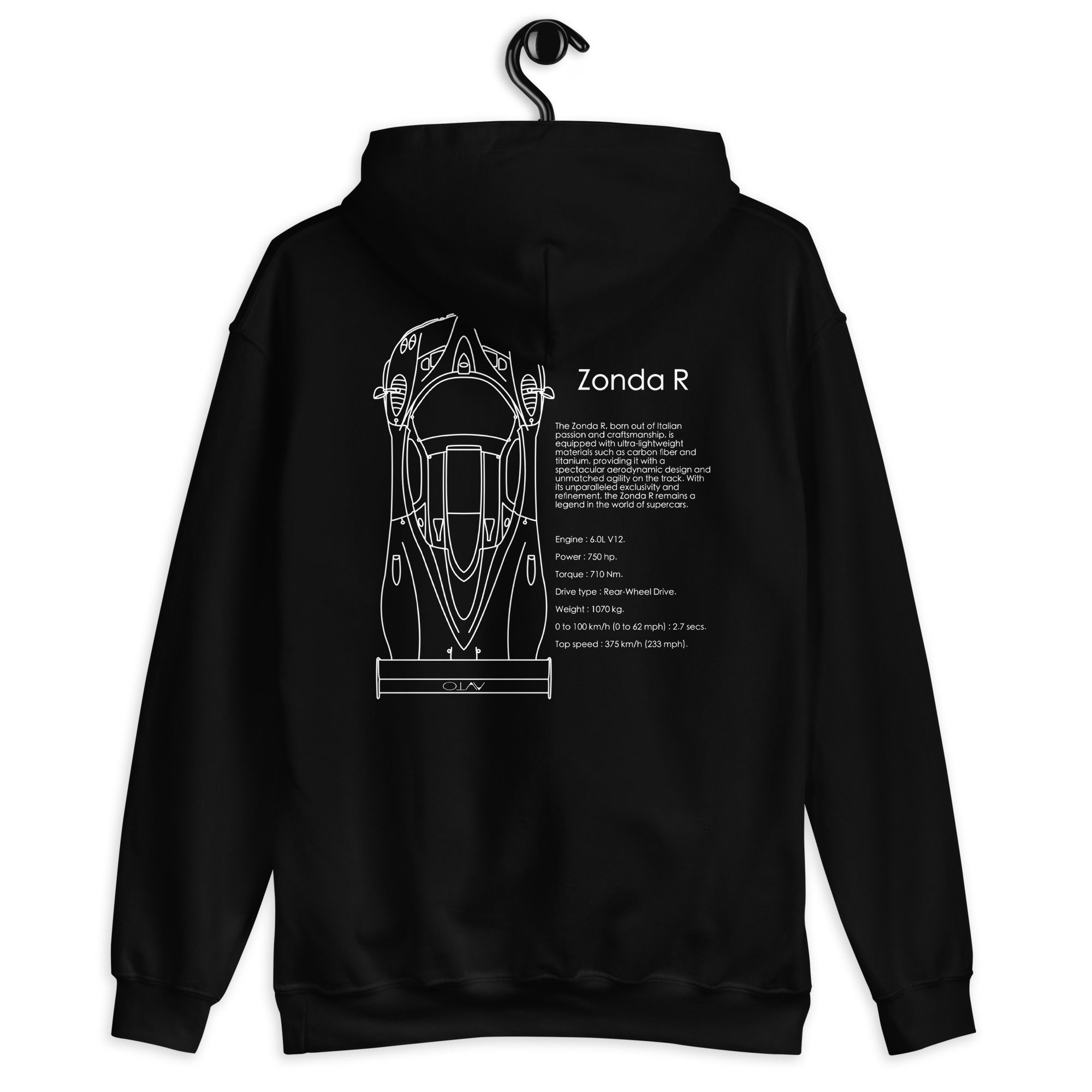 sweat capuche pagani zonda r blanc et noir vue de dos