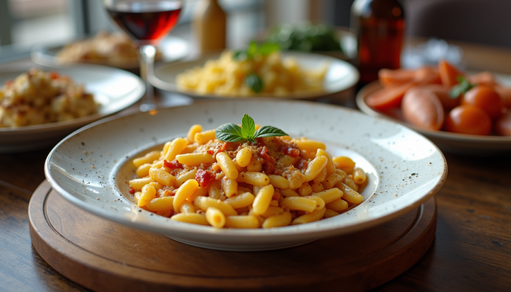 High angle view of a table with traditional Bari dishes including orecchiette pasta and seafood