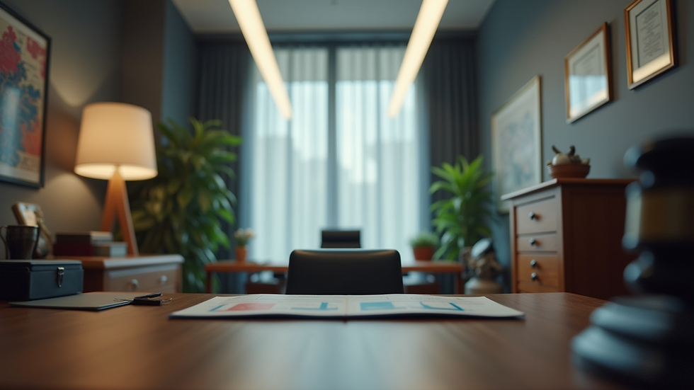 Eye-level view of an office environment with a lawyer's desk