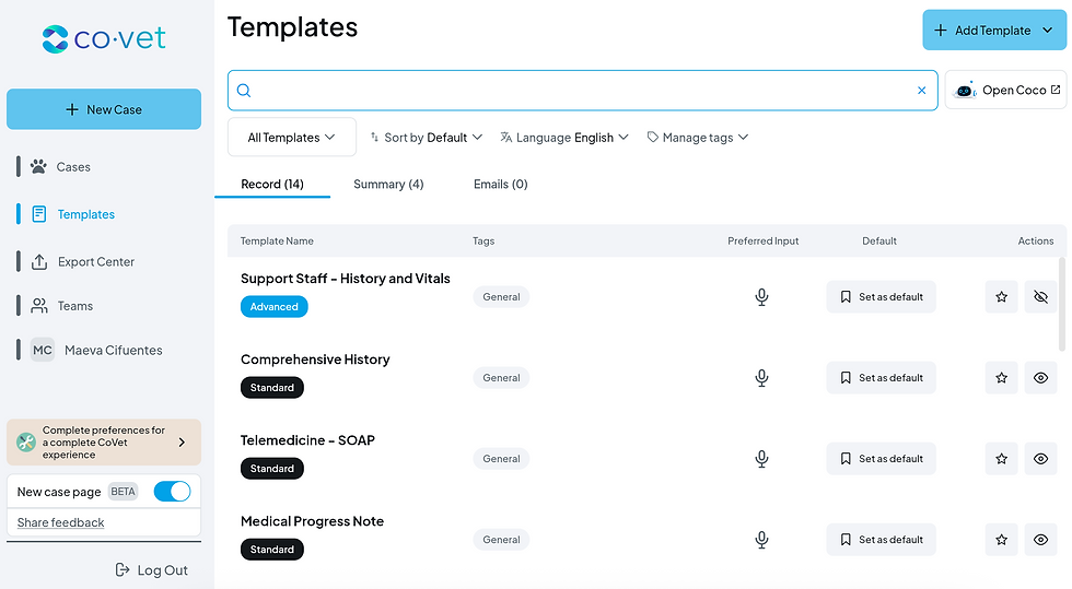 The provided image displays the Templates interface of the co·vet application, specifically showing the Record tab which contains 14 different entries. The dashboard is organized into a searchable table that lists veterinary-specific documentation forms like Support Staff – History and Vitals, Comprehensive History, and Telemedicine – SOAP. Each template entry allows users to see associated tags, preferred input methods—indicated by a microphone icon—and provides functional buttons to set a template as the default or manage its visibility. On the left, a comprehensive sidebar facilitates navigation between cases and teams, while also featuring a prominent "+ New Case" button for quick access to core workflows.