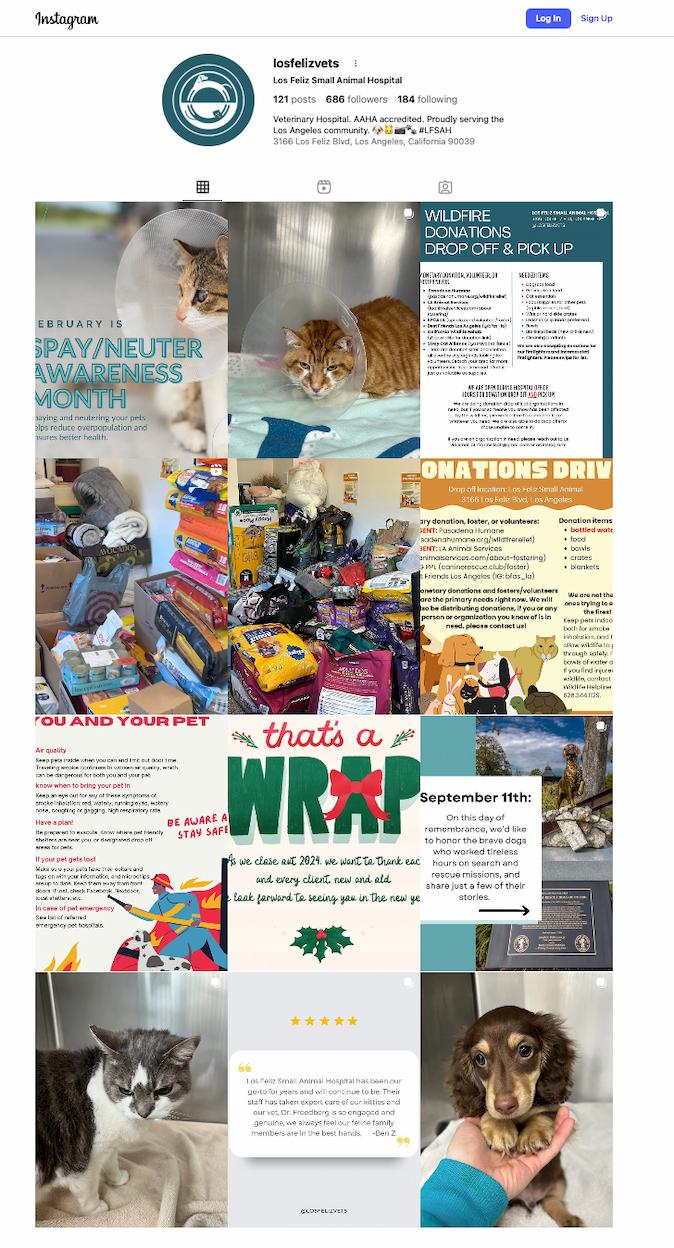 Screenshot of the Instagram profile for Los Feliz Small Animal Hospital (@losfelizvets), displaying a veterinary clinic’s feed featuring posts about spay/neuter awareness, donation drives, pet safety, and client testimonials. The profile demonstrates veterinary marketing through authentic community updates, staff highlights, and educational posts that strengthen local visibility and client relationships.