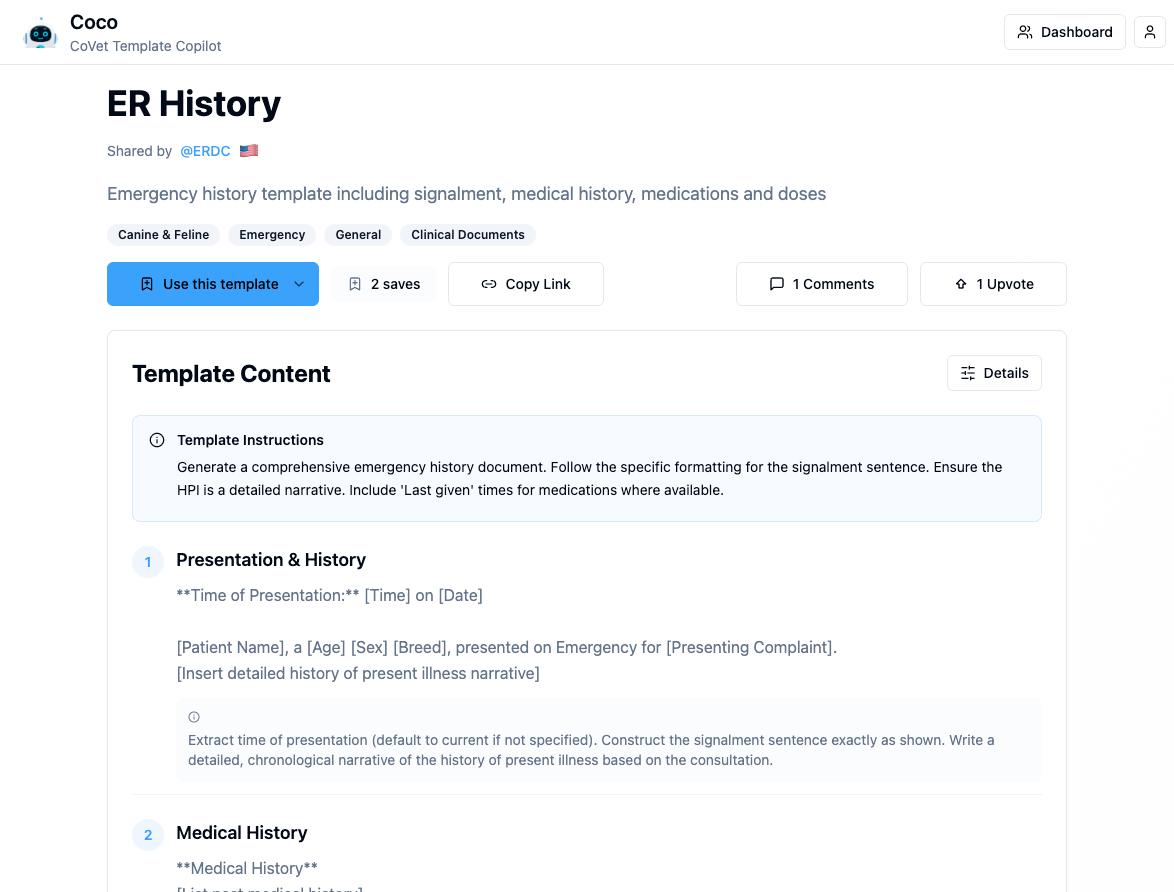 Example of emergency history template including signalment, medical history, medications and closes