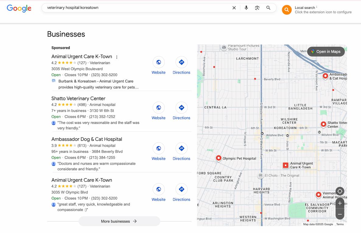 Screenshot of Google search results for “veterinary hospital Koreatown,” displaying a map with several clinics marked and a list of local businesses including Animal Urgent Care K-Town, Shatto Veterinary Center, and Ambassador Dog & Cat Hospital, each with ratings, reviews, and website links, used for veterinary marketing.