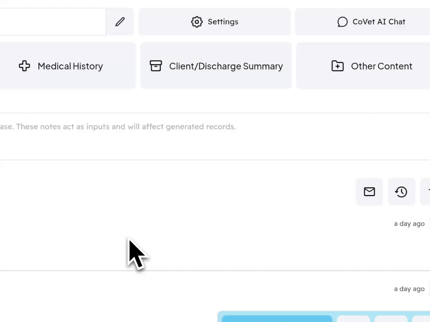 Cursor on CoVet UI with options like Settings, Medical History, Client/Discharge Summary to extract detailed insights from any  veterinary consultation or document. Icons for email, history, and chat. 