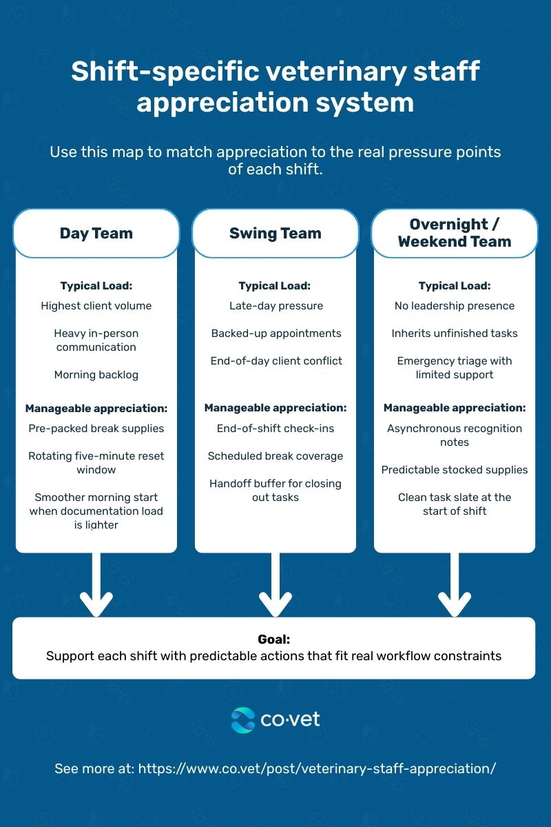 Infographic showing how to show shift-specific appreciation for veterinary staff: what works for a day team, the swing team, and the overnight/weekend team. The goal is to support each shift with predictable actions that fit real workflow constraints. 